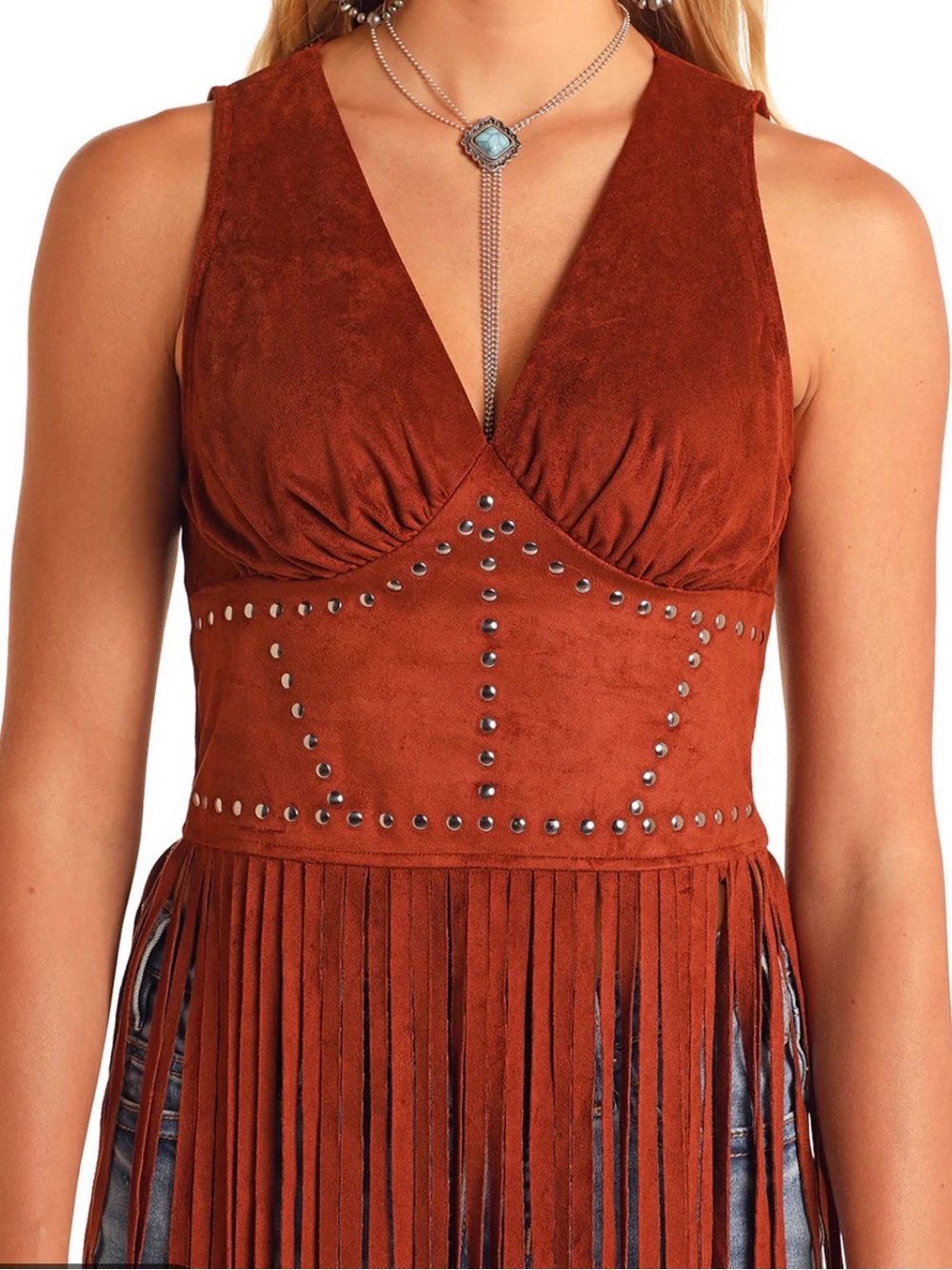 Rock & Roll Cowgirl Rust Brown Studded Fringe Faux Micro Suede Tank SZ L Western - Picture 6 of 13